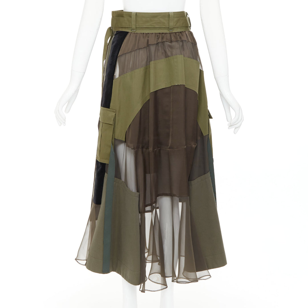 SACAI 2020 military green camo sheer patchwork cargo belted skirt JP1 S