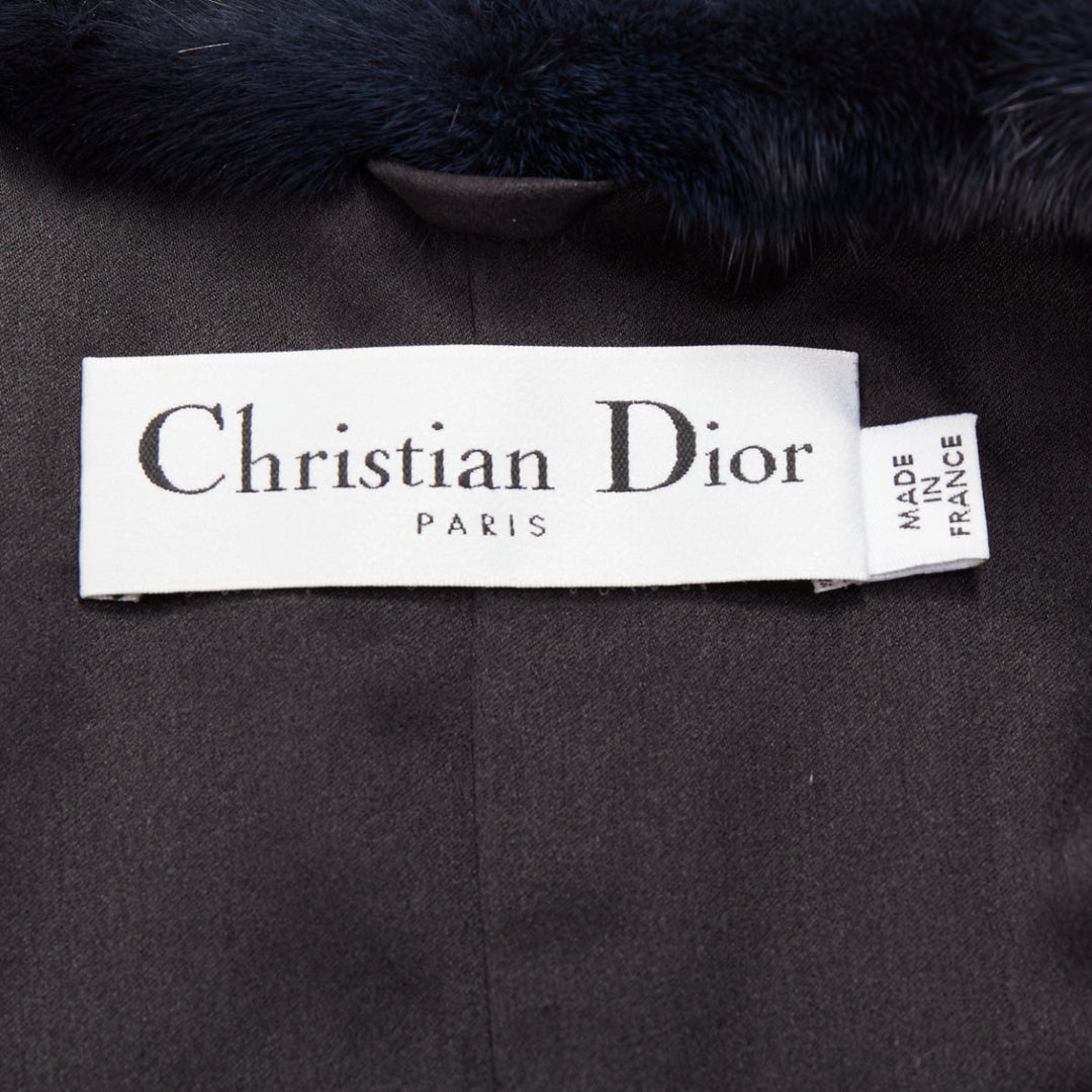 CHRISTIAN DIOR navy natural fur black soft leather sleeve silk lined jacket