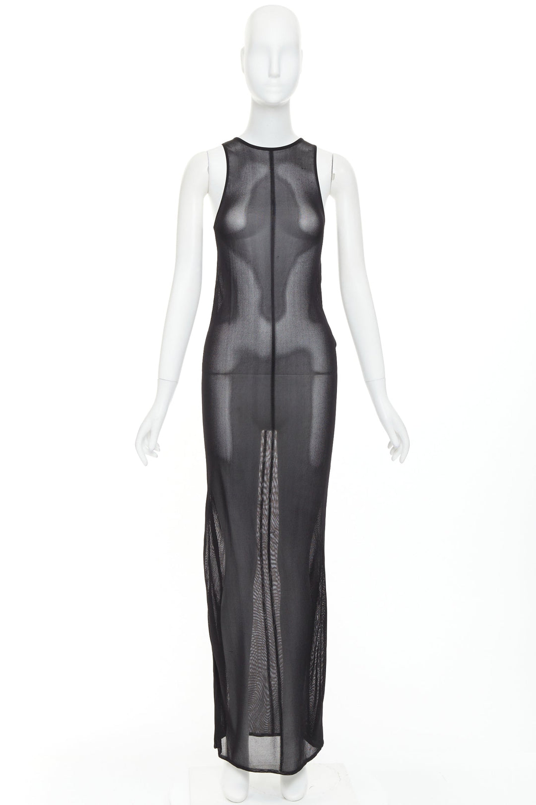 SAINT LAURENT 2023 Runway black slinky viscose semi sheer knit maxi tank dress S