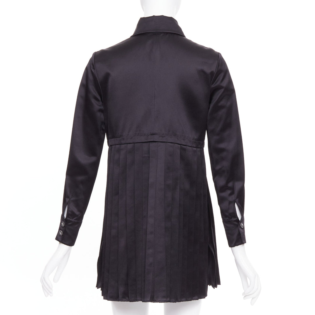 CHANEL black 100% silk pocketed gun flap pleated tunic shirt dress FR34 XS