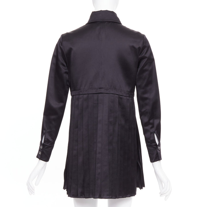 CHANEL black 100% silk pocketed gun flap pleated tunic shirt dress FR34 XS
