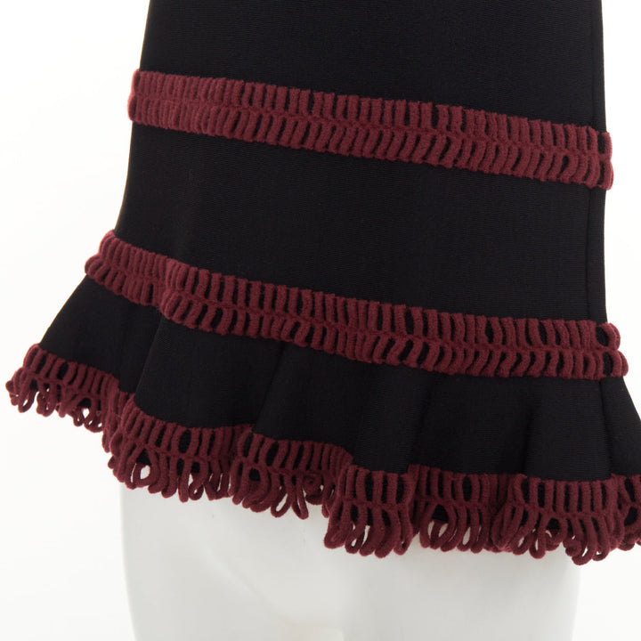 ALAIA burgundy openwork crochet tiered ruffle viscose blend peplum top FR36 S
