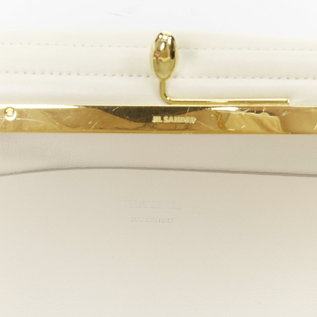 JIL SANDER Goji off white quilted topstitch leather kisslock oversize clutch bag