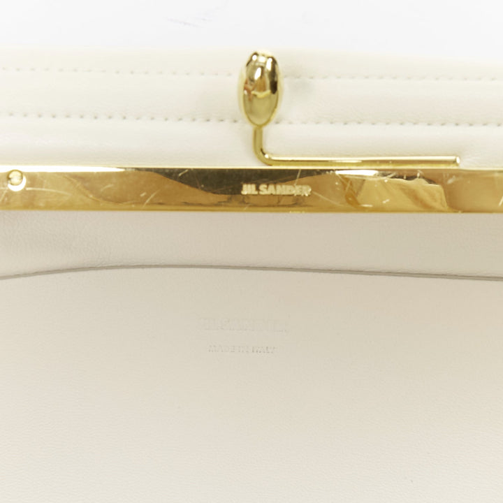 JIL SANDER Goji off white quilted topstitch leather kisslock oversize clutch bag