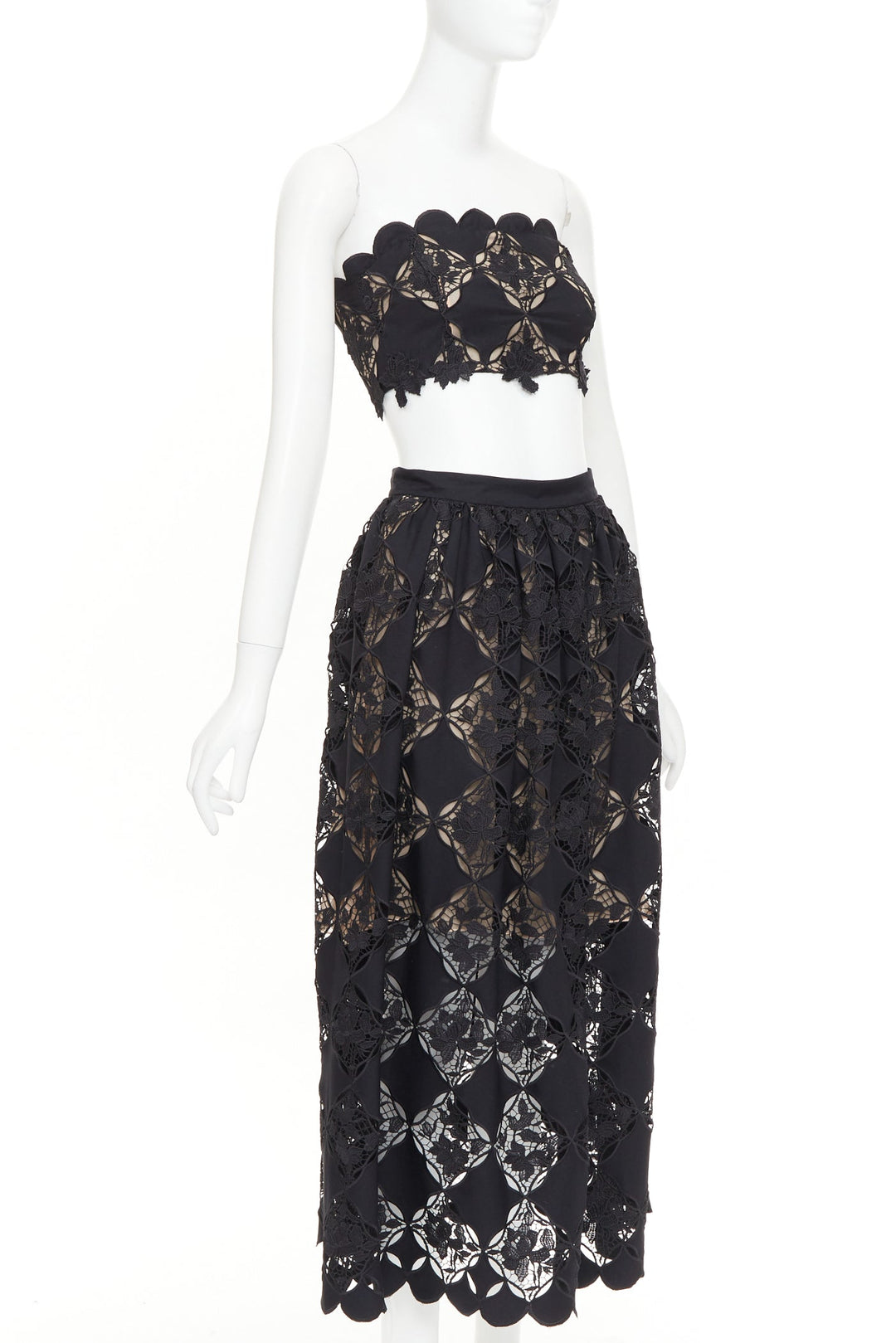 OSCAR DE LA RENTA PS24 black Gardenia Guipure lace top skirt dress set US0 XS