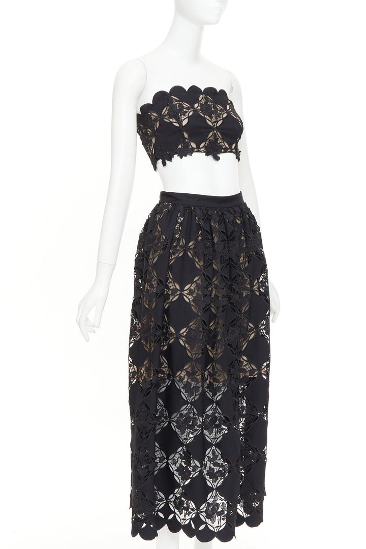 OSCAR DE LA RENTA PS24 black Gardenia Guipure lace top skirt dress set US0 XS