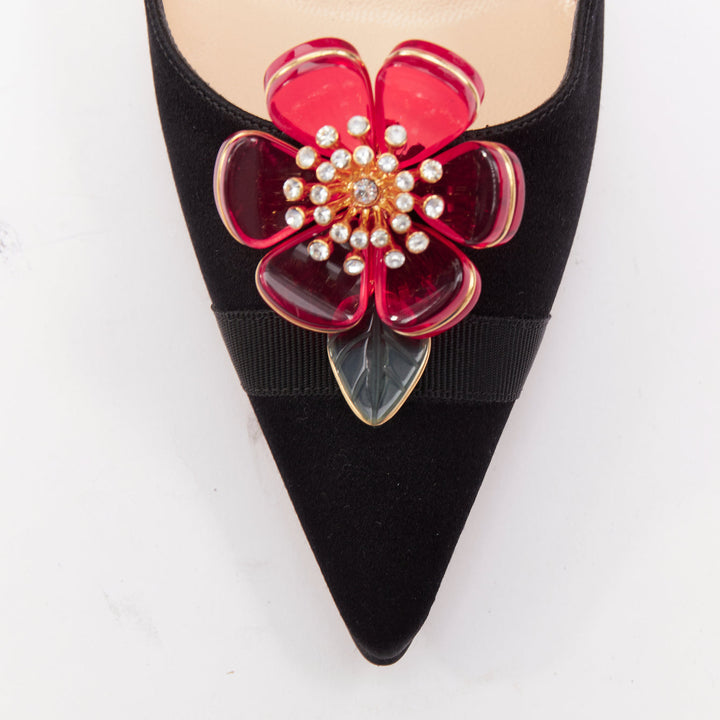 JIMMY CHOO Entice black satin grosgrain red acyrlic flower brooch pumps EU37