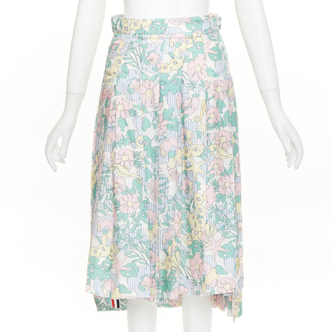 THOM BROWNE green pink yellow silk floral marine motif midi skirt IT36 XXS