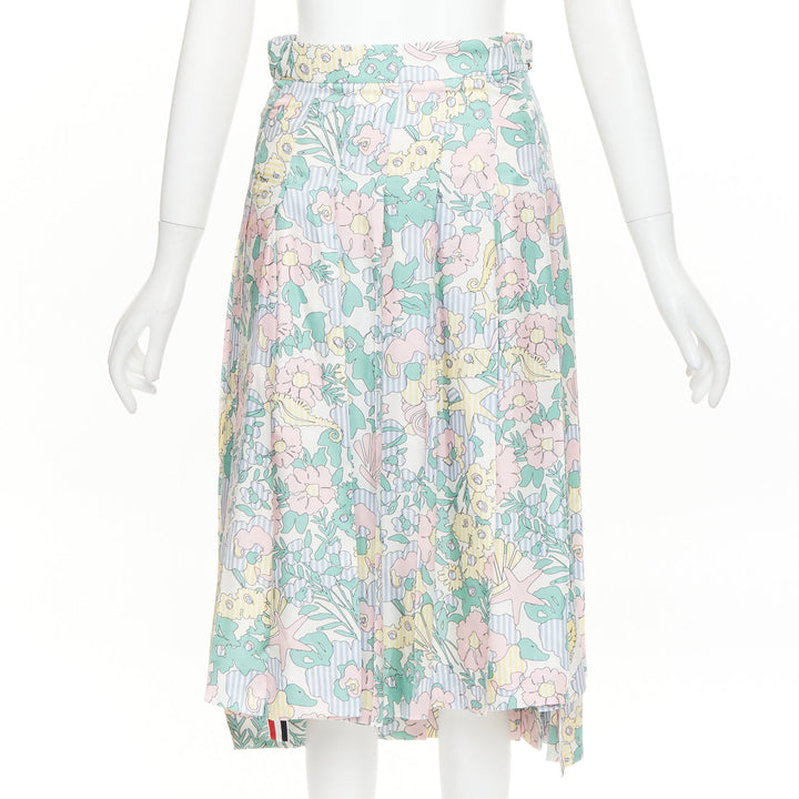 THOM BROWNE green pink yellow silk floral marine motif midi skirt IT36 XXS
