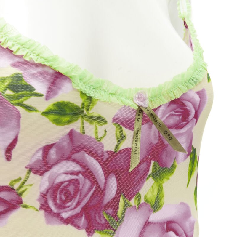 D&G DOLCE GABBANA Vintage Y2K pink rose green ruffle trim cami tank top XS