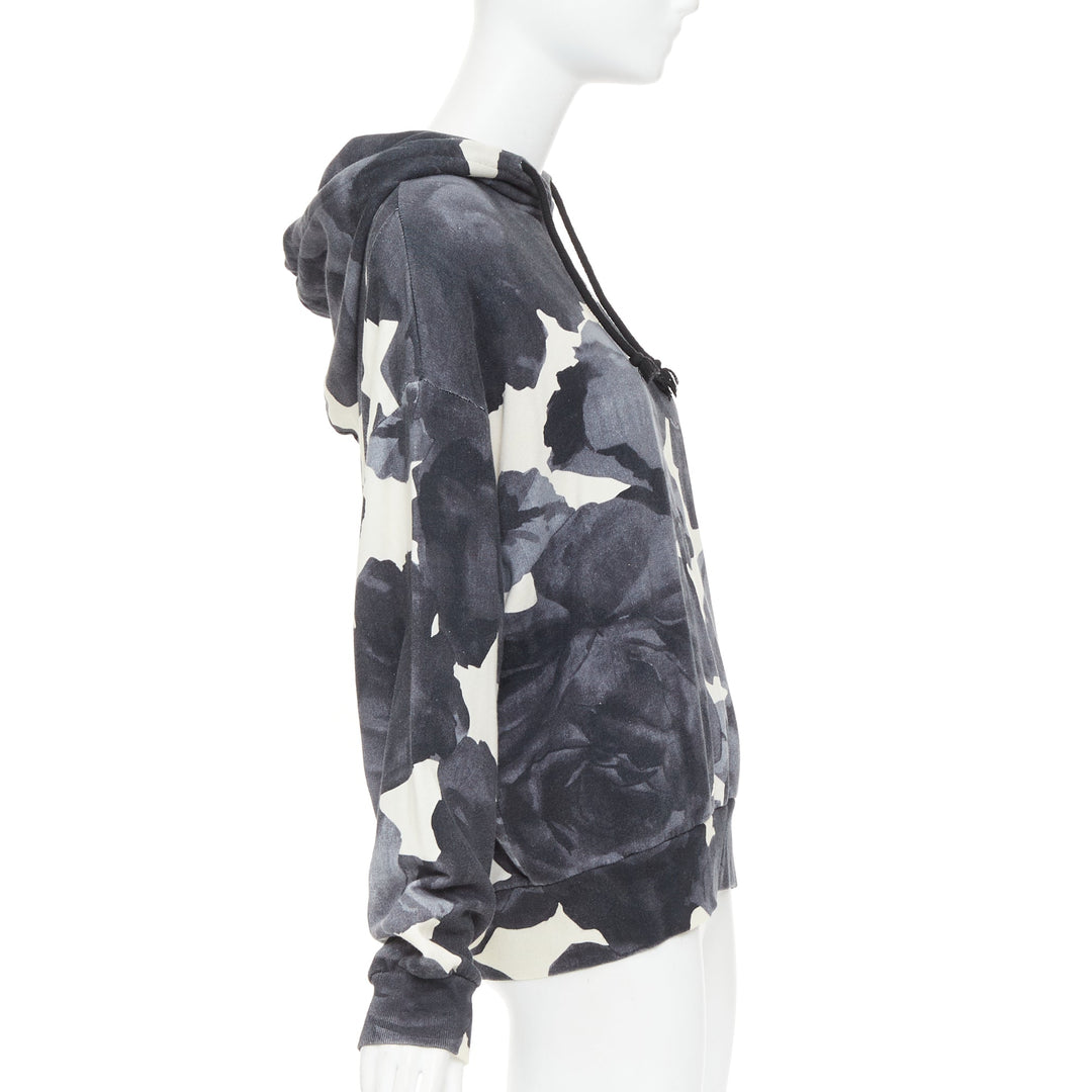 DRIES VAN NOTEN grey ivory cotton abstract rose print black drawstring hoodie S
