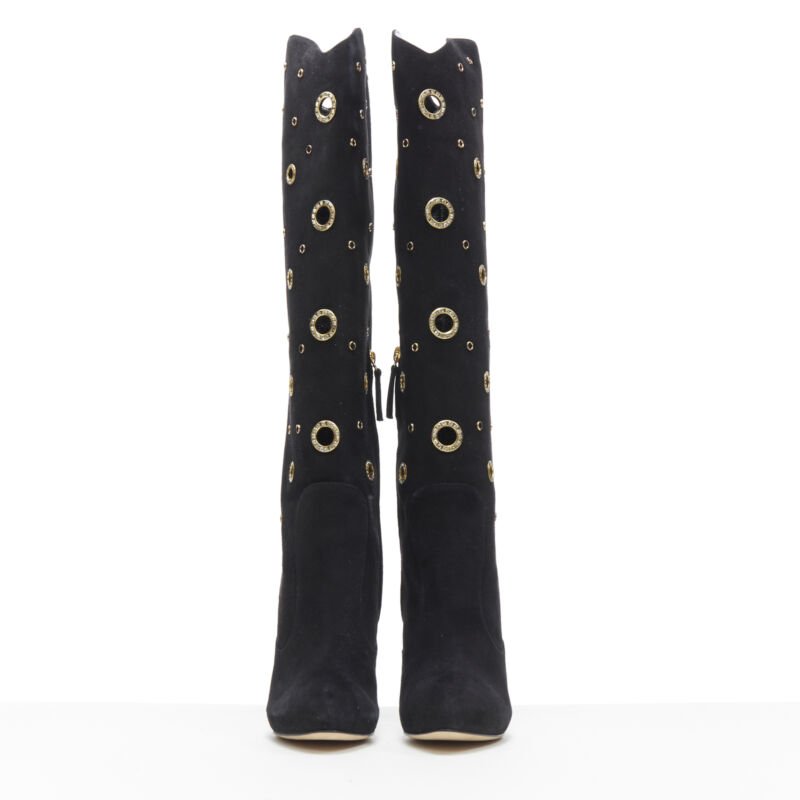 GIUSEPPE ZANOTTI black suede gold crystal eyelet high heel tall boots EU37