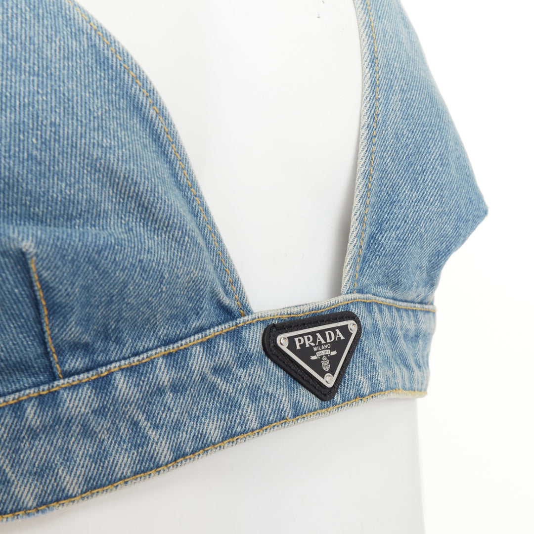 PRADA blue denim triangle logo seal plaque bra top IT42 M