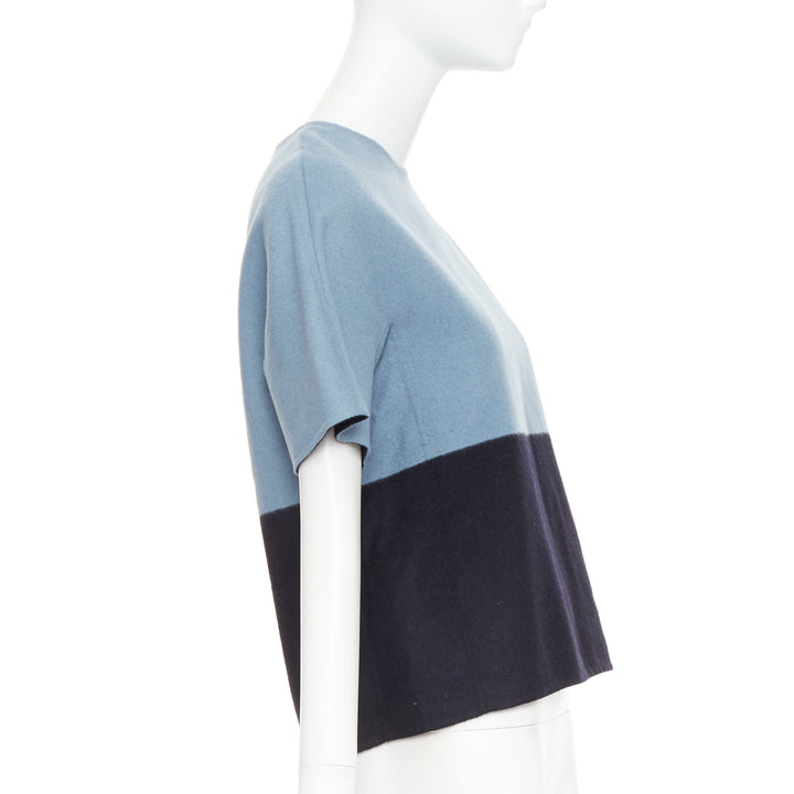 THE ROW bicolor blue black wool cashmere crew neck half sleeve top US0 XS