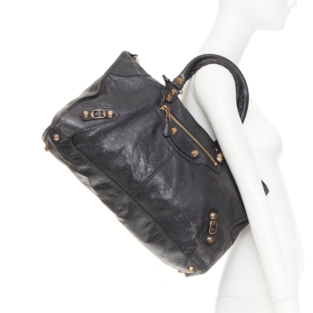 BALENCIAGA Motocross Giant 21 rose gold hardware black lambskin city tote bag