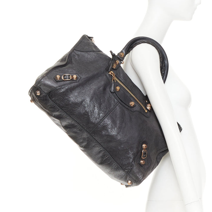 BALENCIAGA Motocross Giant 21 rose gold hardware black lambskin city tote bag