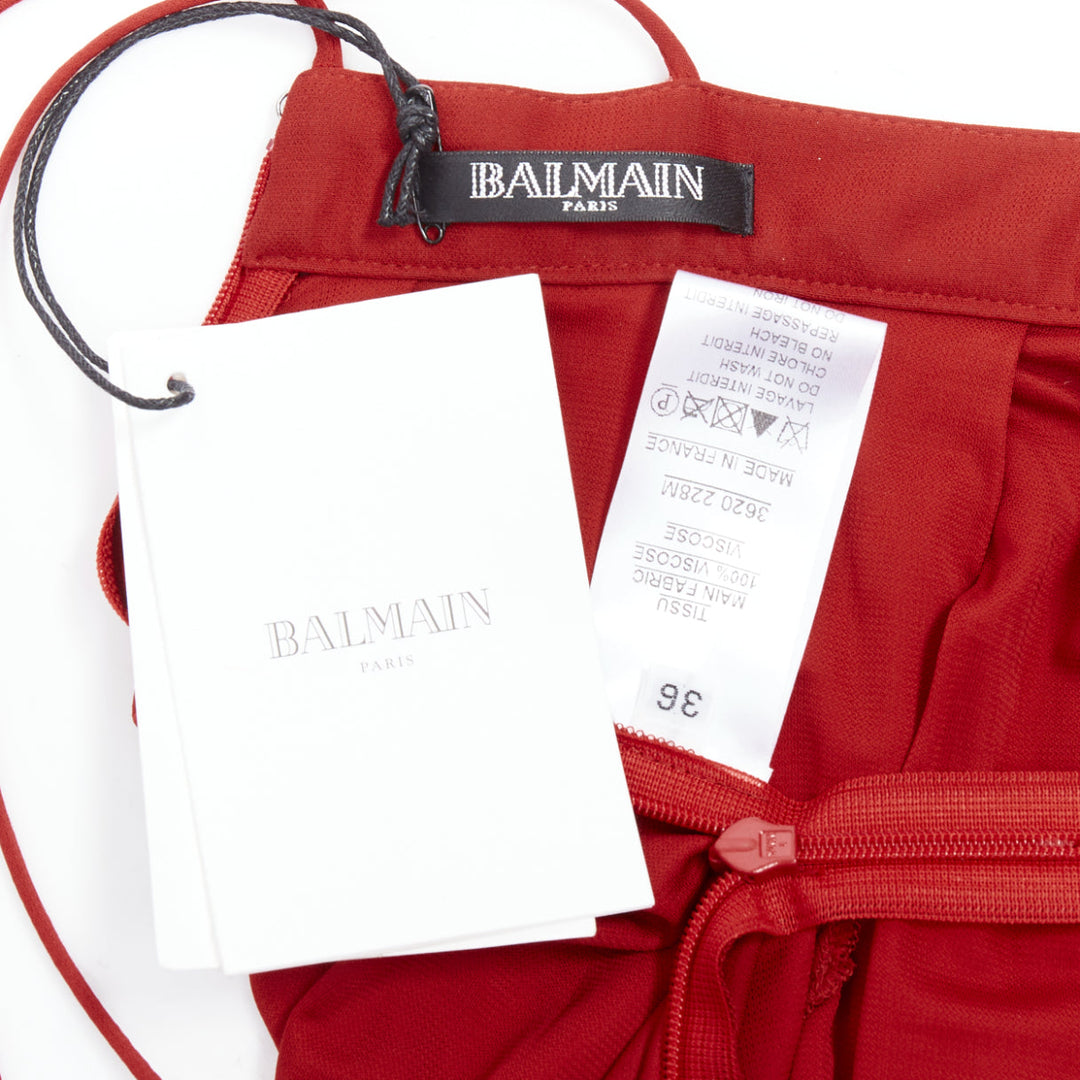 BALMAIN red draped viscose backless plunge neck cocktail dress FR36 S