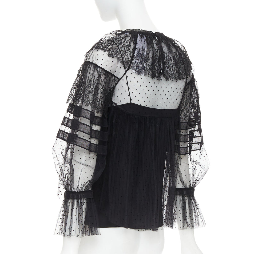CHRISTIAN DIOR 2017 black sheer polka dot smocked lace Victorian top FR34 XS