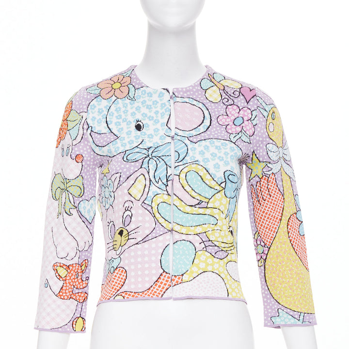 MOSCHINO 2022 Runway Calico Animals lilac blue pink cartoon knit cardigan IT36