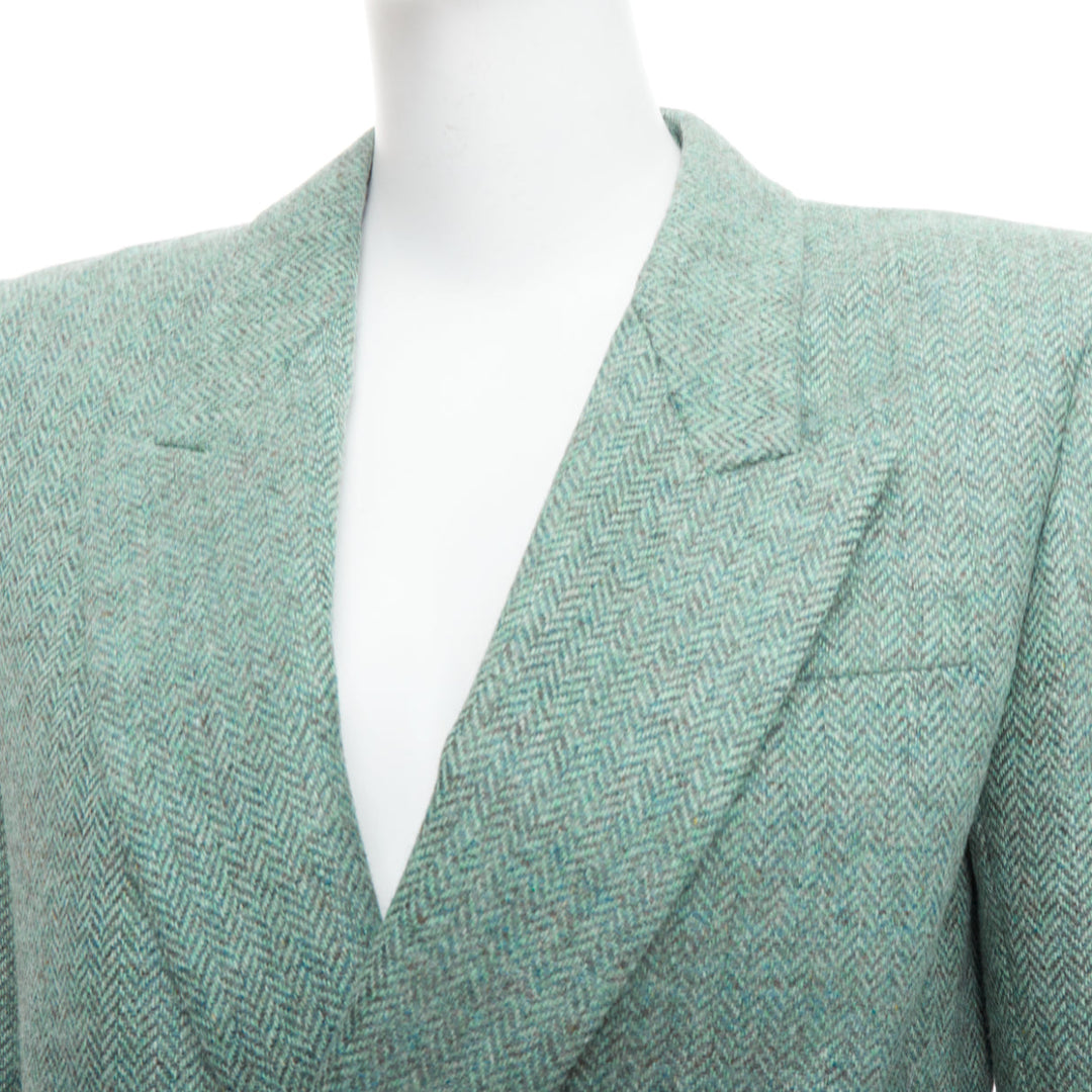 SAINT LAURENT 2022 Runway green tweed shoulder power blazer minidress FR34 XS