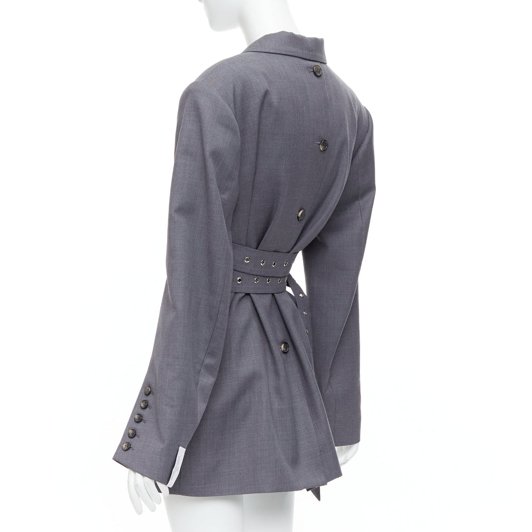 ROHK grey wool blend grommet double belted shoulder pad blazer FR36 S