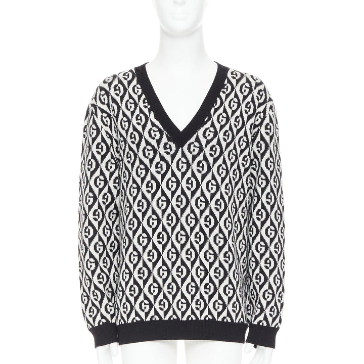 GUCCI 100% wool G Rhombus monogram black white intarsia sweater L