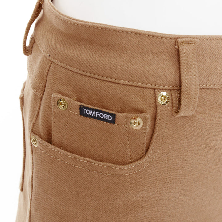 TOM FORD khaki cotton TF logo black blend leather trim mini shorts 25"
