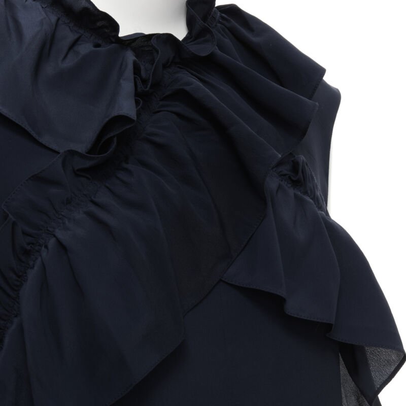 MARNI navy blue silk crepe cross ruffle trim knee lenth dress IT40 S
