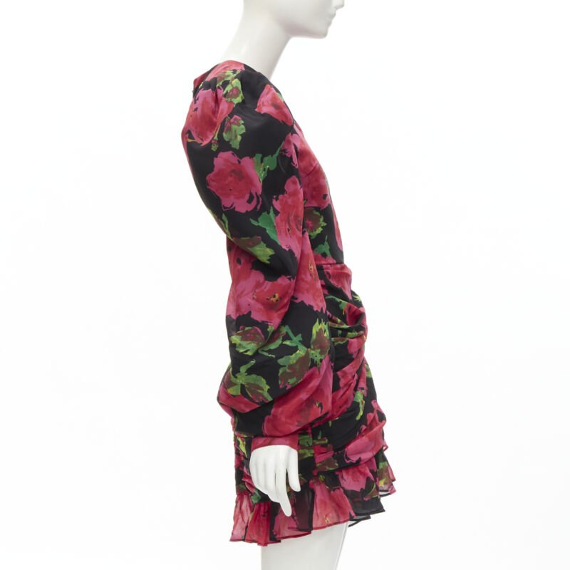 RICHARD QUINN 2020 black red rose print wrap skirt puff sleeve 80's dress UK8 XS