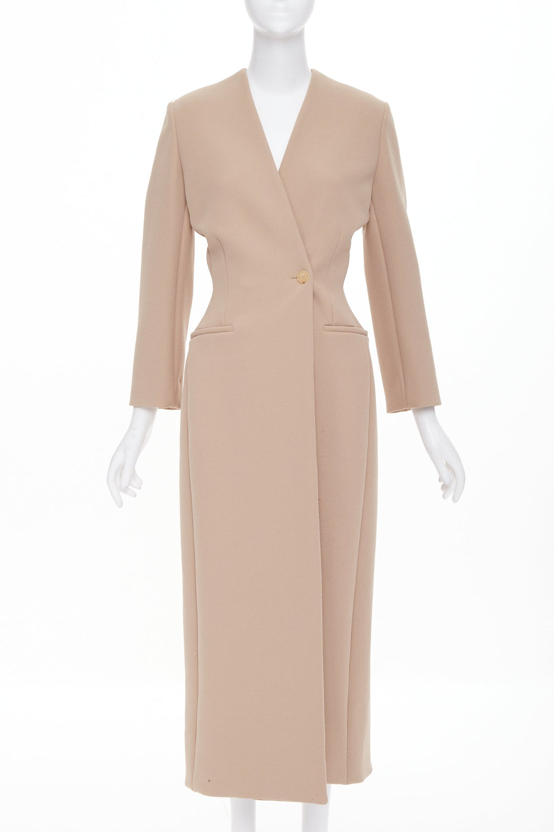 THE ROW beige tan structural plunge V neck asymmetric single button coat US2 S