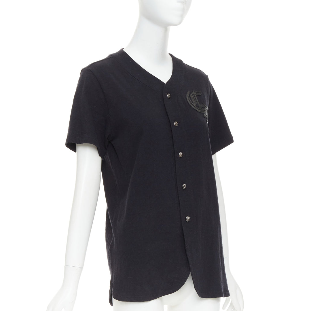 CHROME HEARTS black cotton CH leather patch silver cross button baseball shirt S