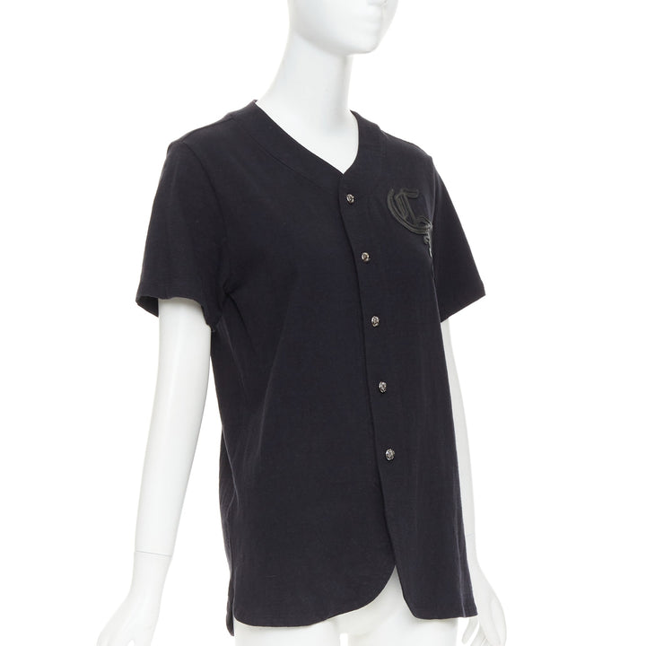 CHROME HEARTS black cotton CH leather patch silver cross button baseball shirt S