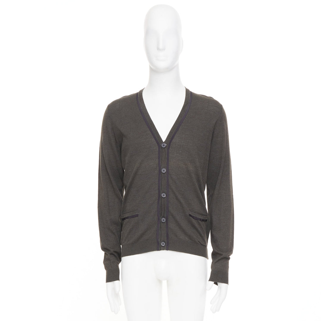 LANVIN 2015 grosgrain trim v-neck cotton merino wool button knit cardigan S