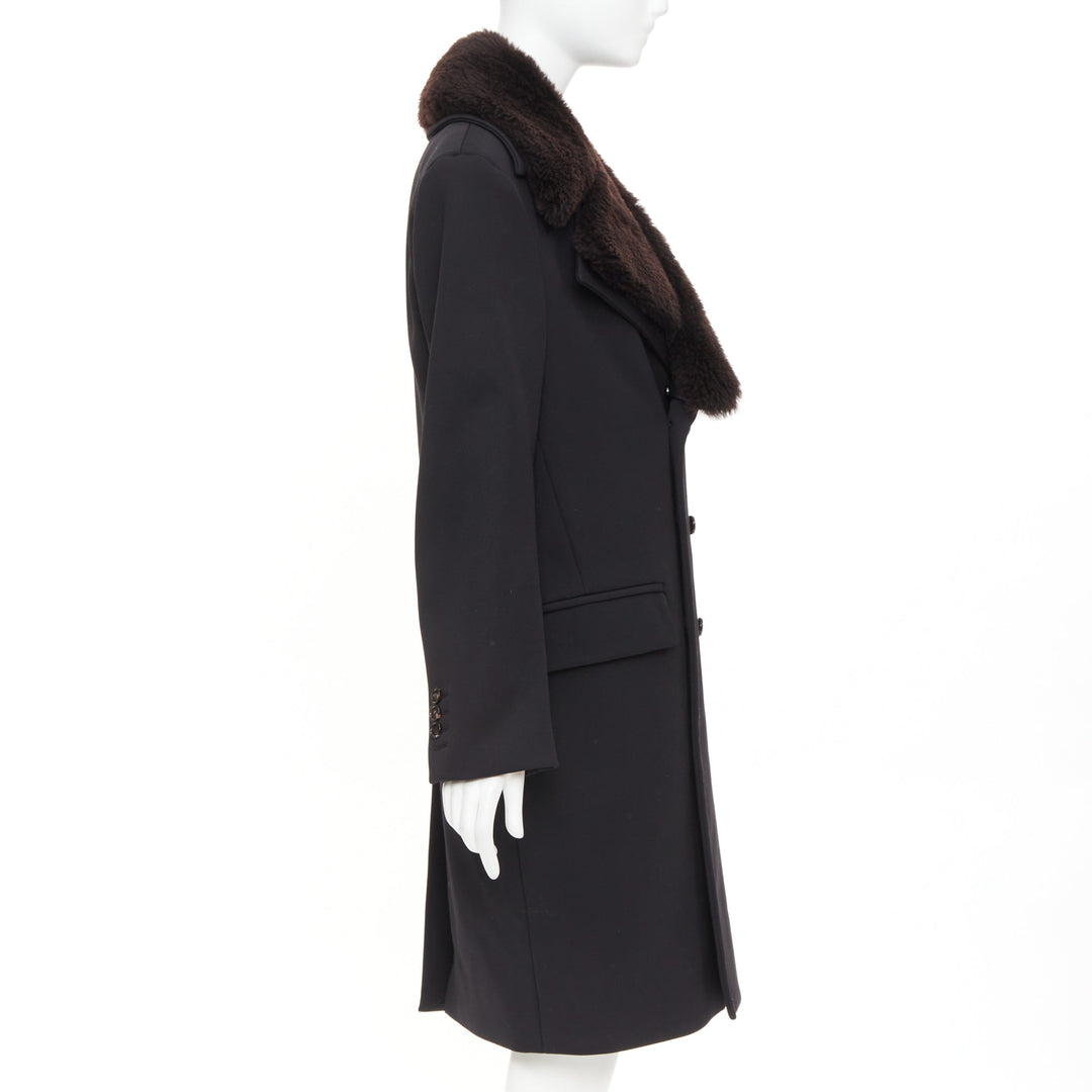 BOTTEGA VENETA Daniel Lee black wool brown lamb shearling collar  coat IT44 L