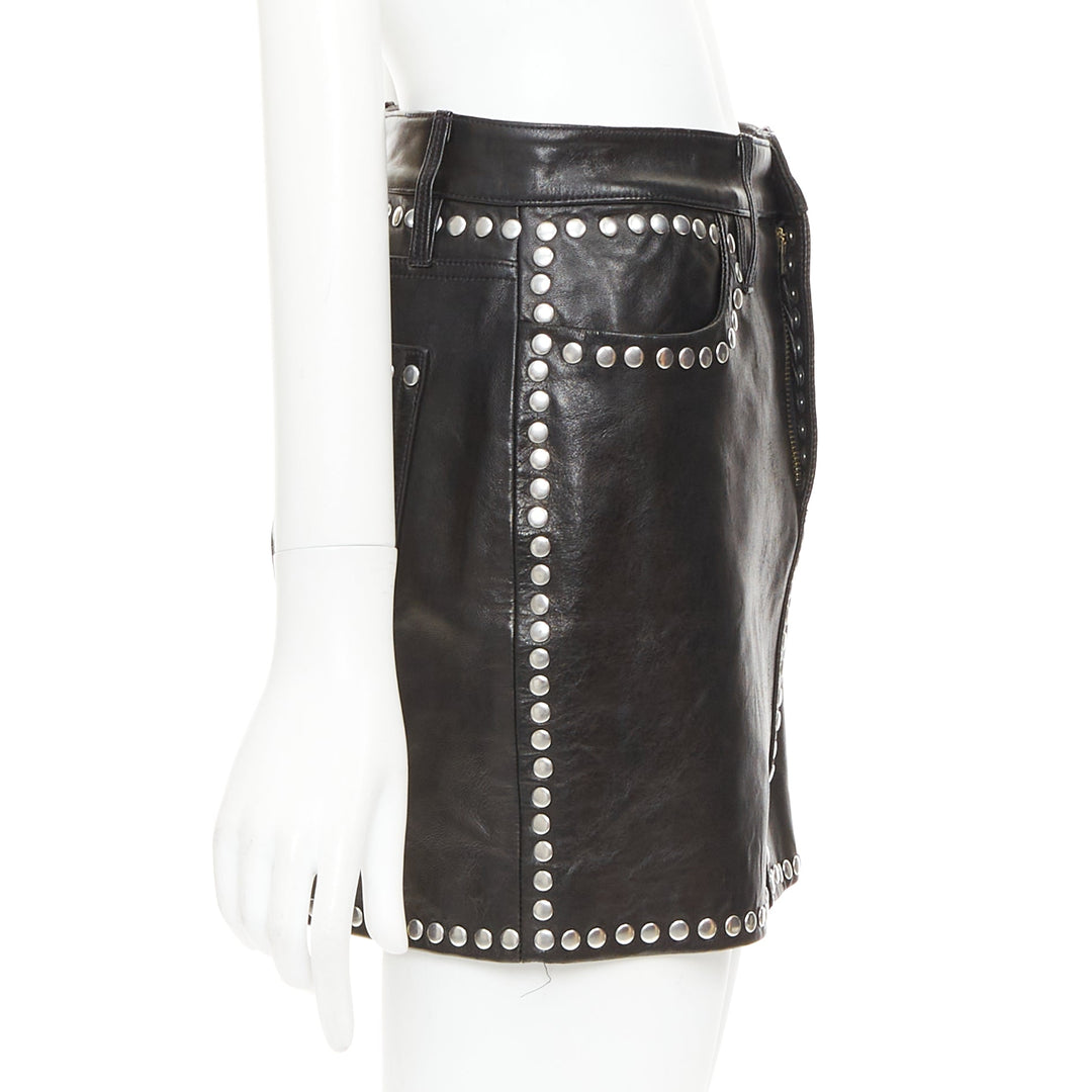FRAME black lambskin leather silver studded high waist mini skirt 25"