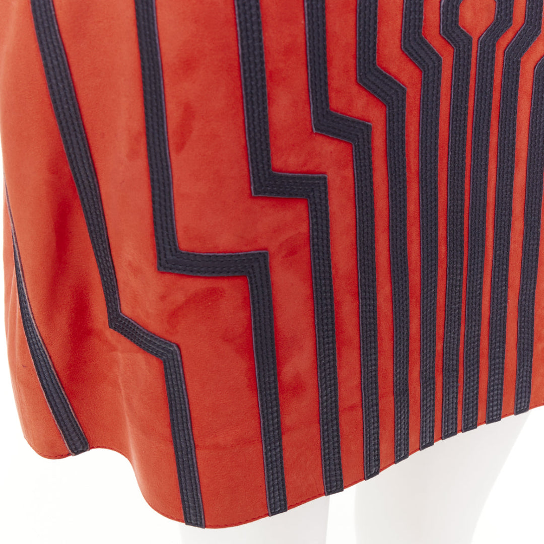 LOEWE 2016 Cyborg orange goat suede navy geometric inset applique skirt FR38 M