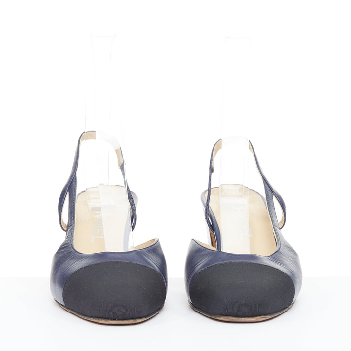 CHANEL navy blue leather black grosgrain cap toe slip on slingback pumps EU38