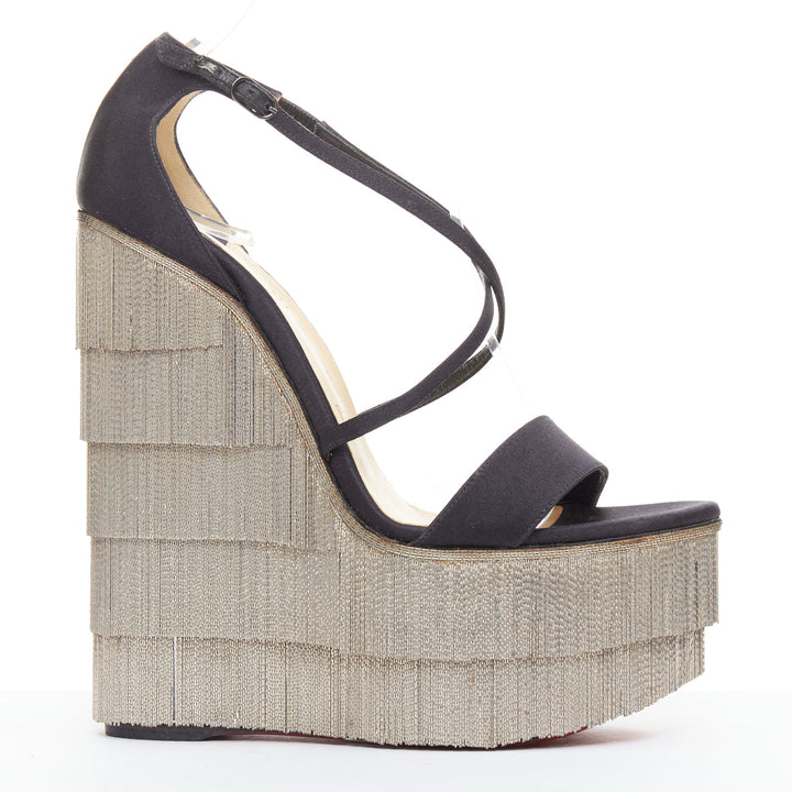 rare CHRISTIAN LOUBOUTIN Foxtrottissima 160 silver chain fringe wedges EU38