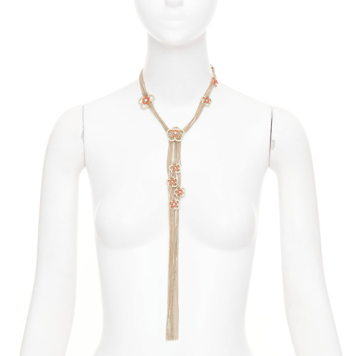 CHANEL A16P gold tone Camellia floral pearl fringe CC station sautoir necklac