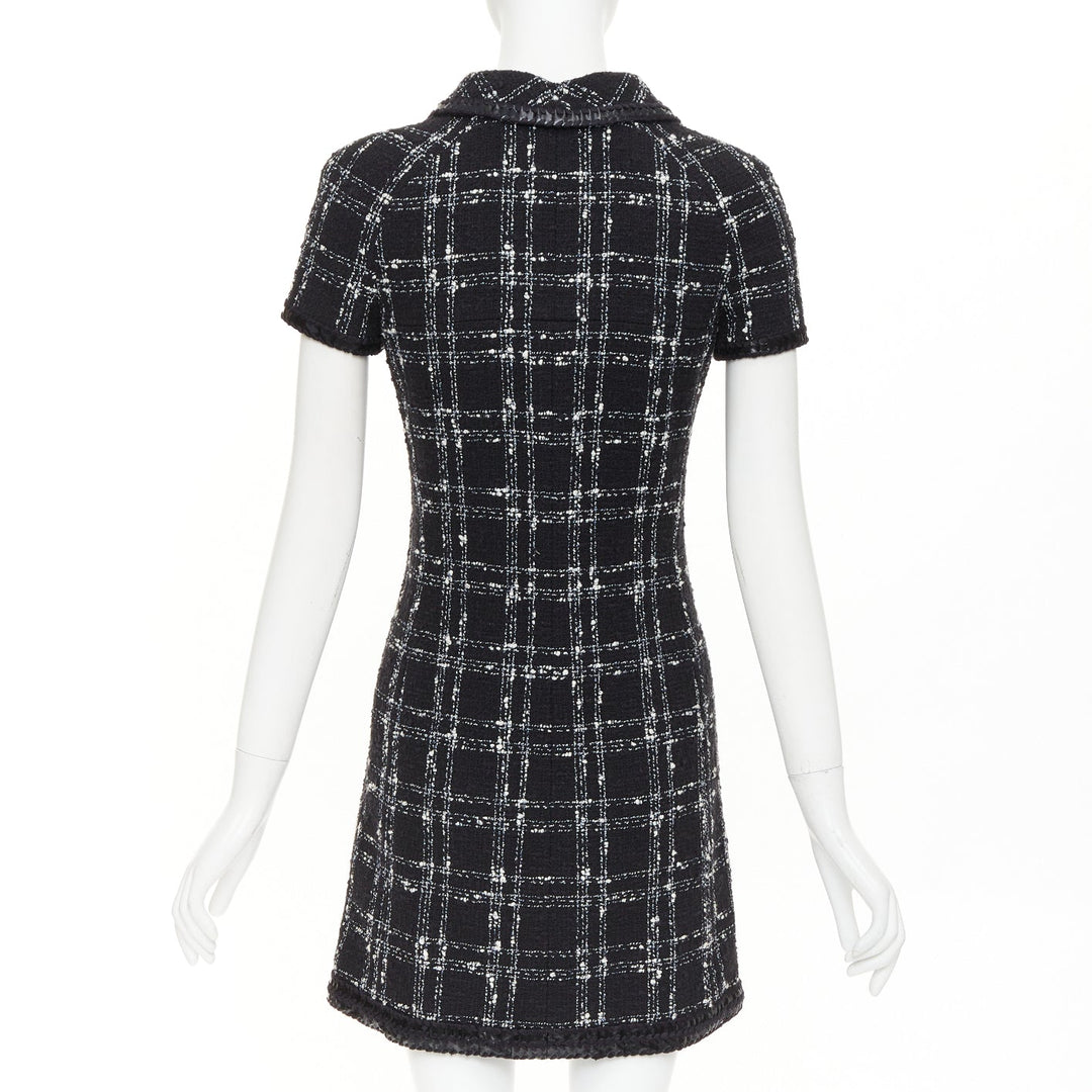 CHANEL 2007 black white check plaid bow collar fringe tweed dress FR36 S