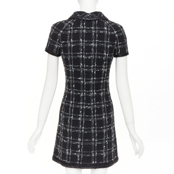 CHANEL 2007 black white check plaid bow collar fringe tweed dress FR36 S