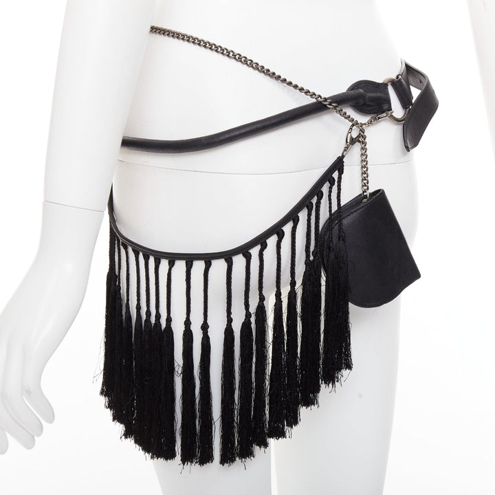 rare ANN DEMEULEMEESTER Vintage black leather macrame fringe small pouch belt