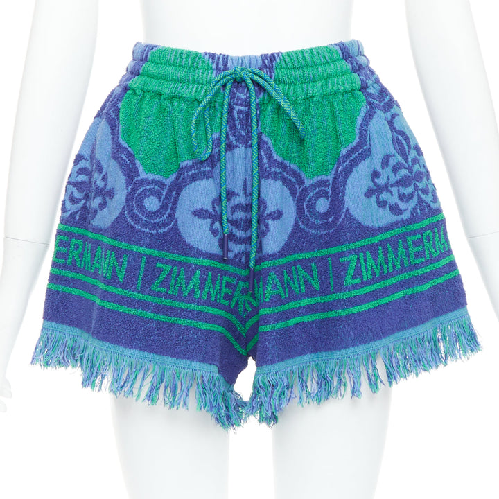 ZIMMERMANN Tiggy blue green terry cloth logo fringe shorts US0 XS