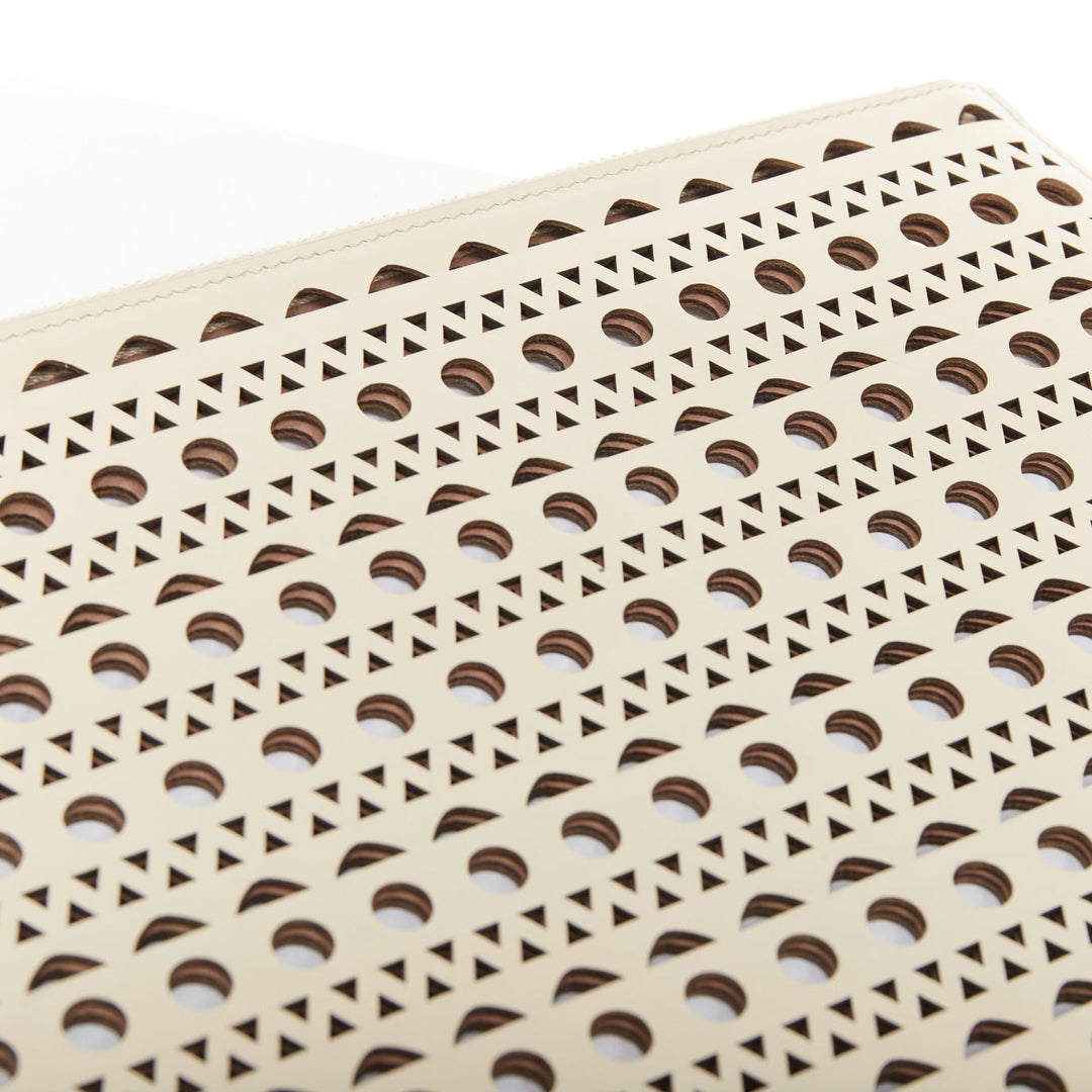 ALAIA Vienne laser cut tan beige neutral calfskin flat zip pouch clutch bag