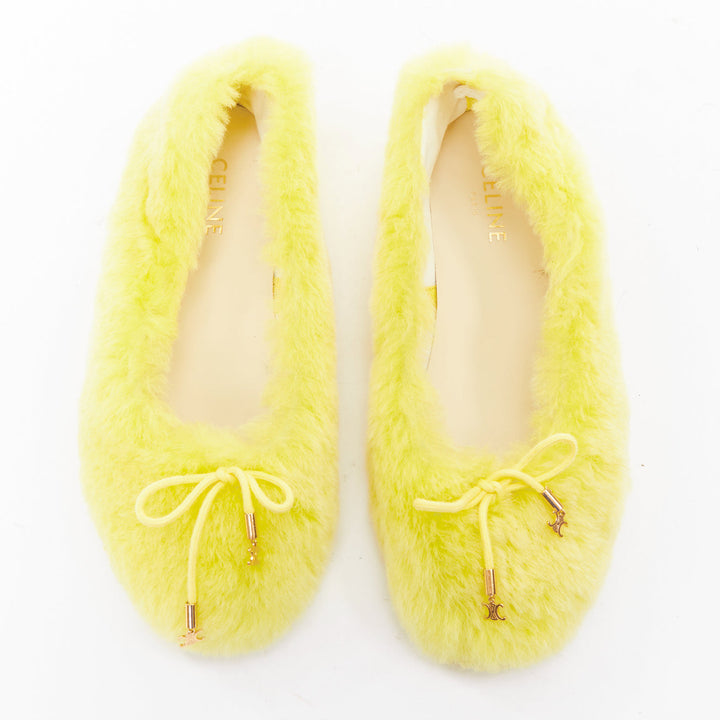 CELINE 2022 Les Ballerines yellow plush furry triomphe bow ballet flats EU37