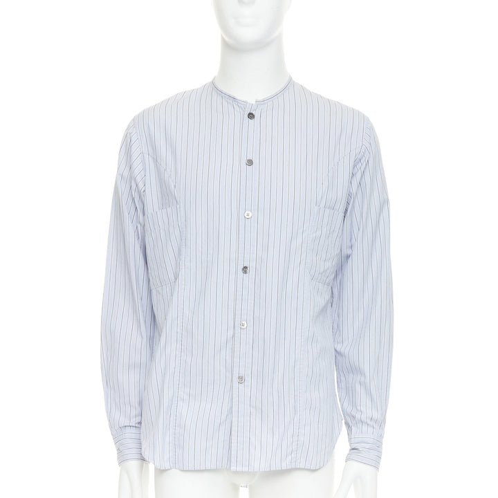 YOHJI YAMAMOTO HOMME light blue grey striped collarless button up shirt JP2 M