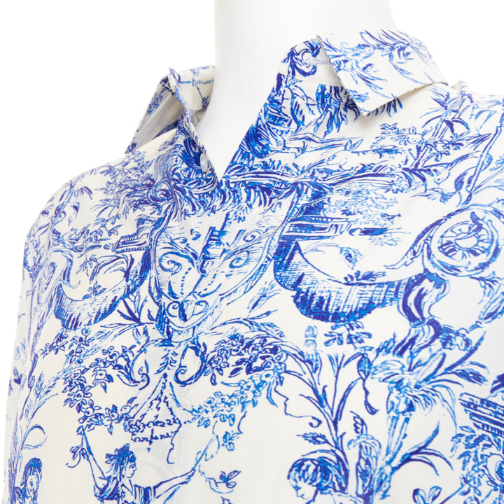 DIOR HOMME 2020 Toile De Jouy 100% silk white blue long sleeve shirt EU38 S