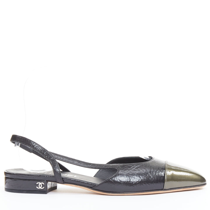 CHANEL two tone gunmetal cap toe black texture leather CC slingback flats EU38.5