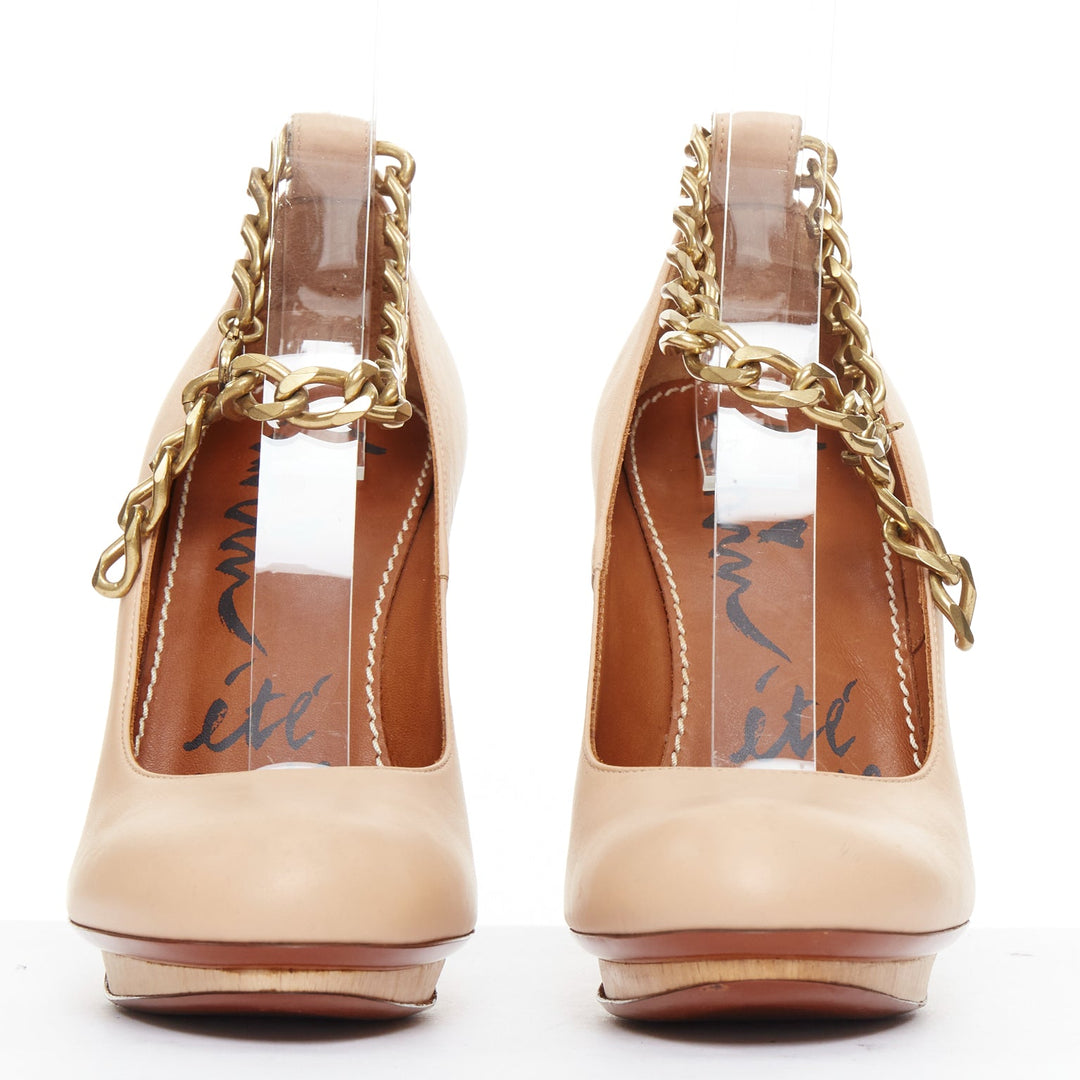 LANVIN 2010 Runway nude leather gold chunky chain wooden platform pumps EU36.5