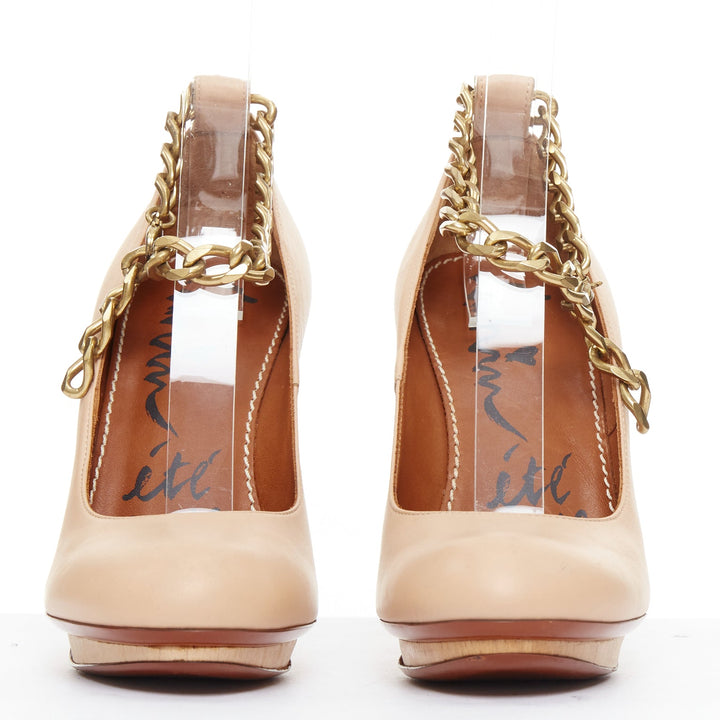 LANVIN 2010 Runway nude leather gold chunky chain wooden platform pumps EU36.5